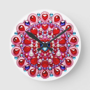 Colorful Heart Jewels Mandala Design Round Clock