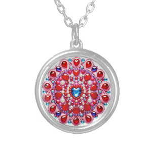 Colorful Heart Jewels Mandala Design Silver Plated Necklace