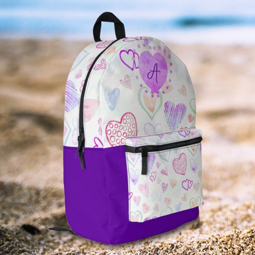 Colorful Heart Pattern and Initial Letter Monogram Printed Backpack