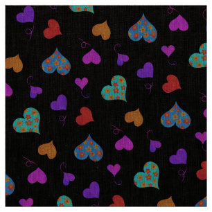 Colorful Heart Pattern - Cute Cheerful Girly Black Fabric
