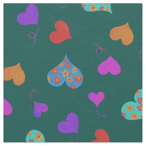 Colorful Heart Pattern _ Cute Cheerful Girly Teal Fabric