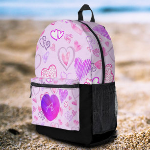 Colorful Heart Pattern Initial Letter Monogram Printed Backpack