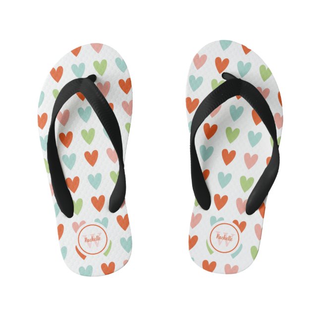 Colorful Heart Pattern Monogram Kid's Flip Flops (Footbed)