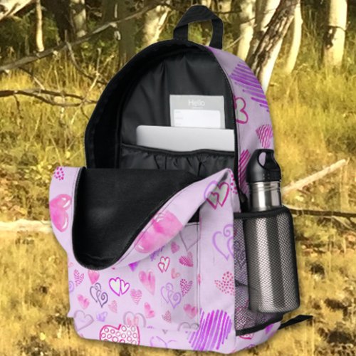 Colorful Heart Pattern  Over Pastel Purple Printed Backpack