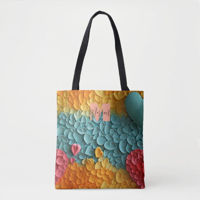 Colorful Heart Pattern Tote Bag with Custom Name (Front)