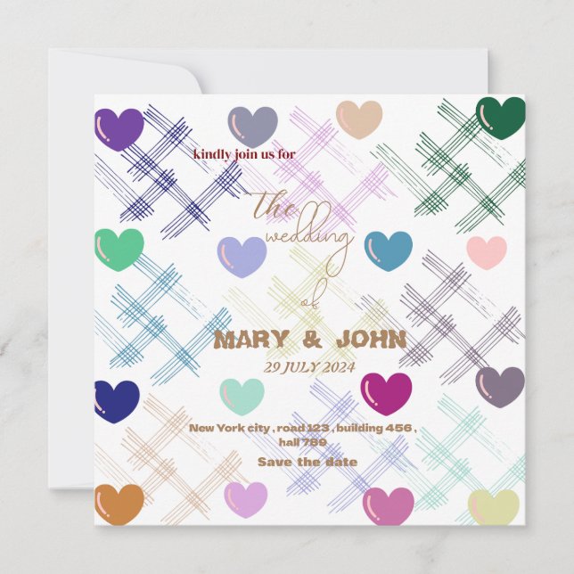 Colorful Heart Pattern Wedding Invitation | Modern (Front)