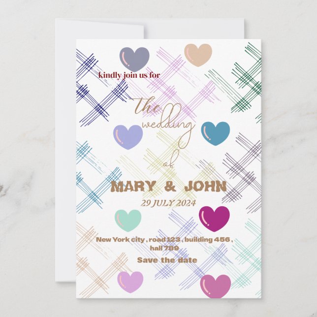 Colorful Heart Pattern Wedding Invitation | Modern (Front)