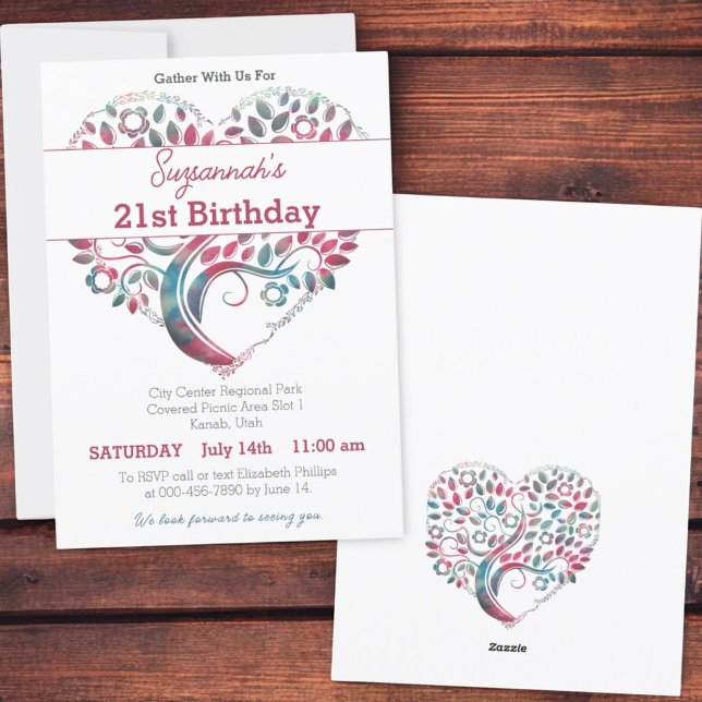 Colorful Heart Shaped Tree Birthday Template (Invitation template front and back)