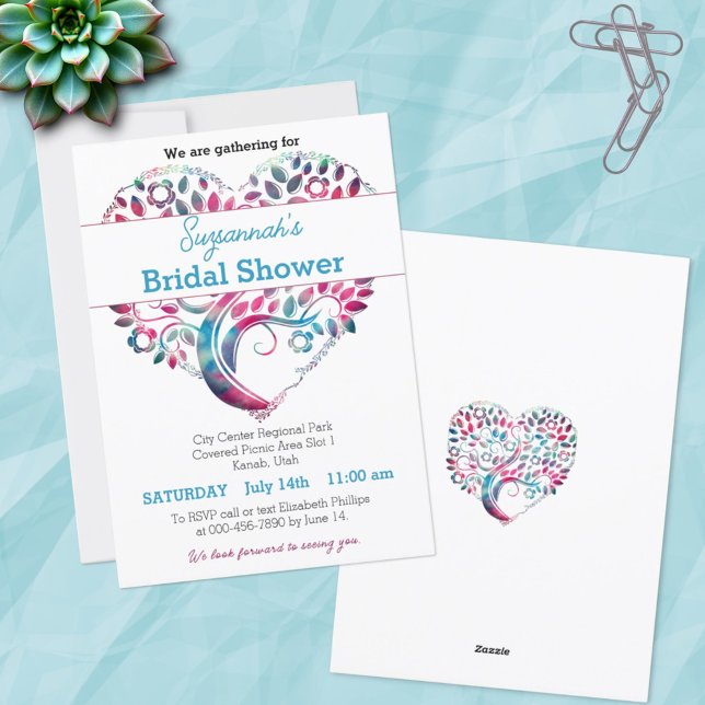 Colorful Heart Shaped Tree Bridal Shower Template (invitation template front and back)