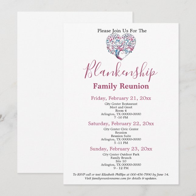 Colorful Heart Shaped Tree Family Reunion Template (Front/Back)