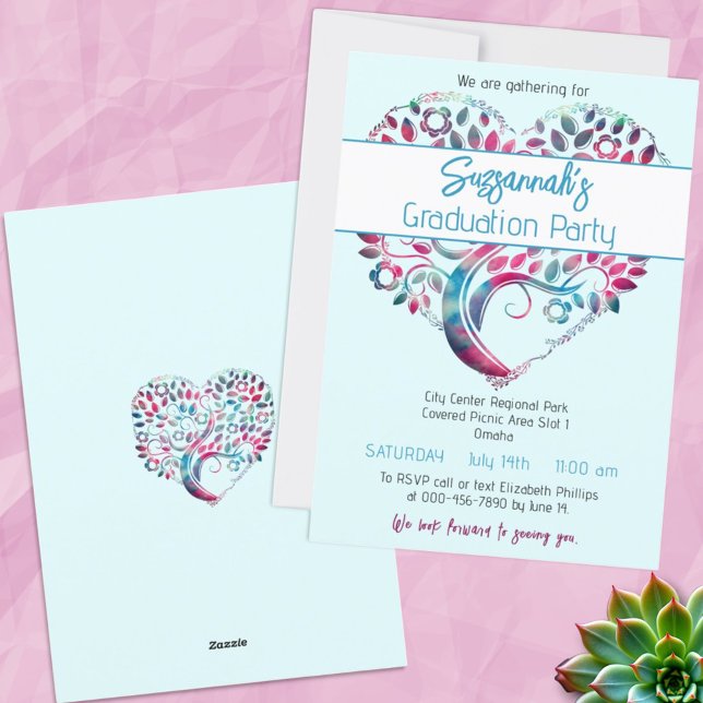 Colorful Heart Shaped Tree Graduation Party Invitation (front and back of template invitation)