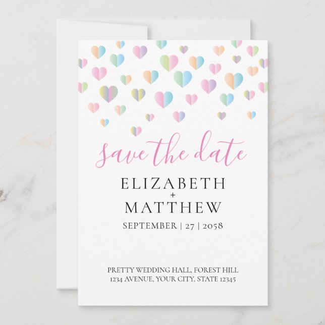 Colorful Heart Speckles Design Save The Date (Front)