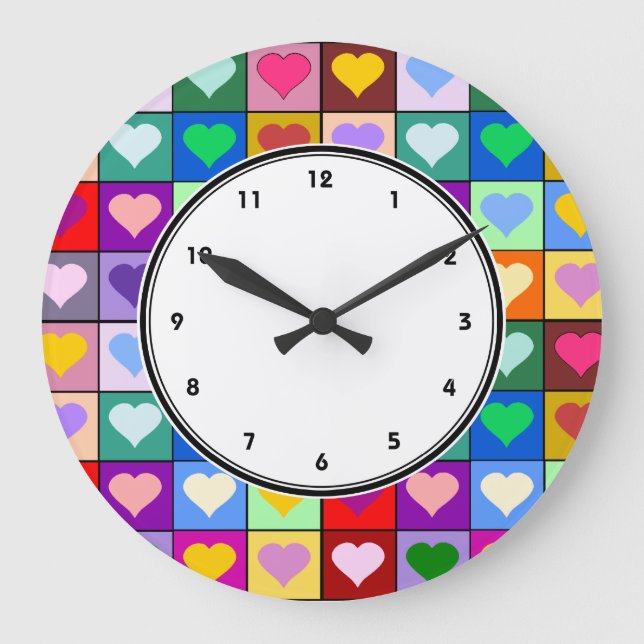 Colorful Heart Squares wall clock with numbers (Front)