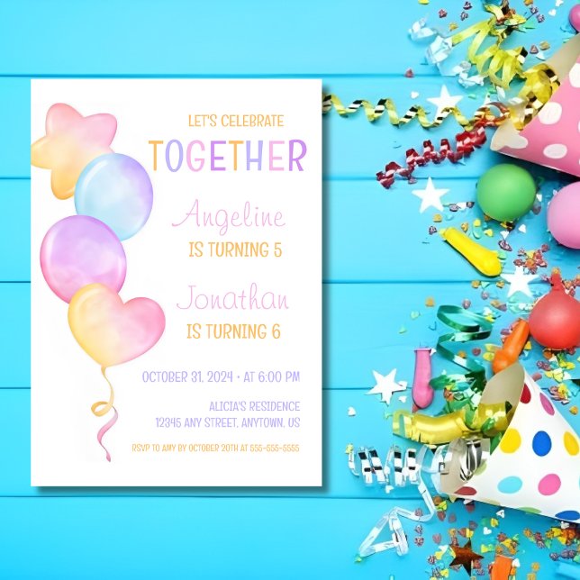 Colorful Heart Star Balloon Joint Birthday Invitation (Creator Uploaded)