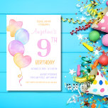 Colorful Heart Star Balloon Kids Birthday Invitation<br><div class="desc">Cute colorful watercolor balloon kids birthday party invitations featuring the heart and star shape balloon and number '9' in a large bold serif font. All text can be personalized.</div>