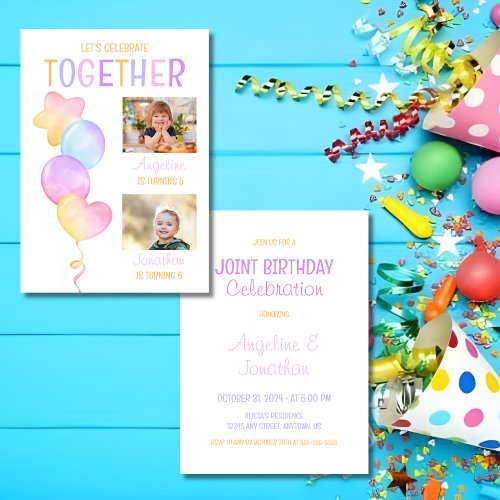 Colorful Heart Star Balloon Photo Joint Birthday Invitation