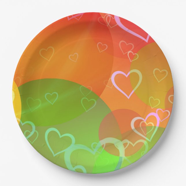 Colorful Hearts and Balloons Abstract Design Paper Plates (Front)