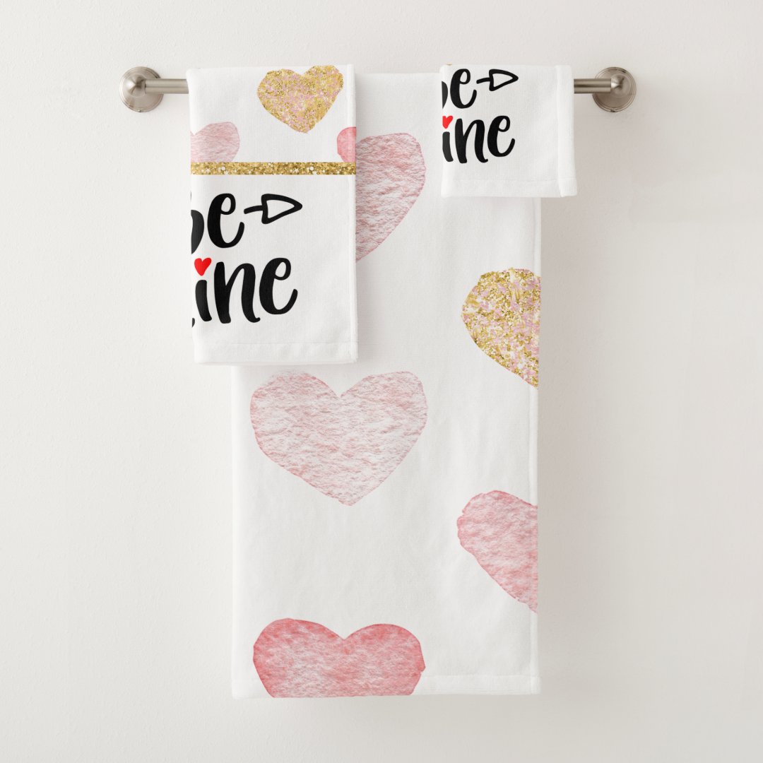 Colorful hearts and black text be mine bath towel set Zazzle