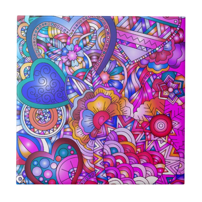 Colorful Hearts and Flowers Abstract Art Ceramic Tile (Front)