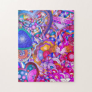 ;Colorful Hearts and Flowers Abstract Art Jigsaw Puzzle