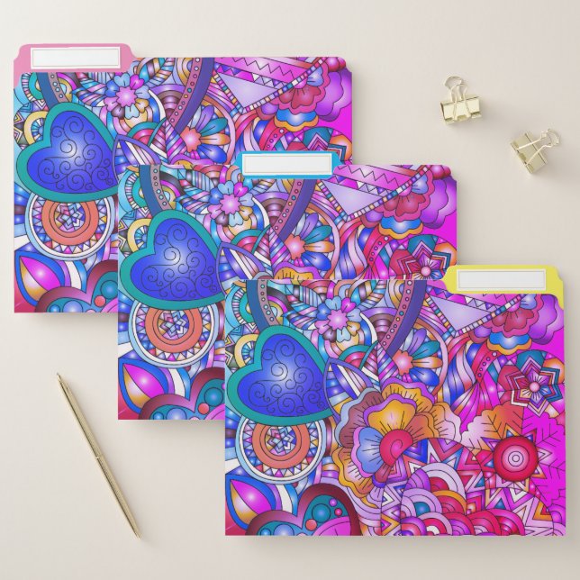 Colorful Hearts and Flowers Abstract Pattern File Folder (Set)