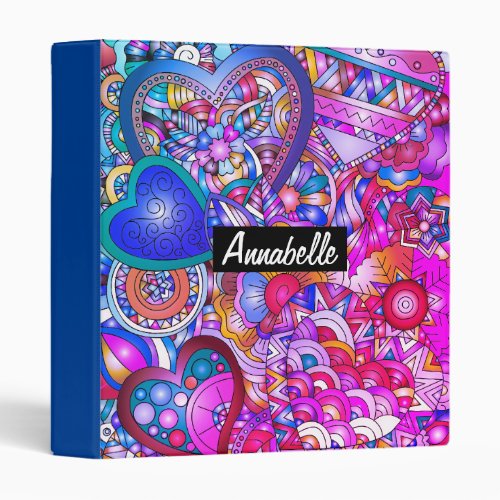 Colorful Hearts and Flowers Abstract Personalised 3 Ring Binder