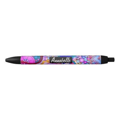Colorful Hearts and Flowers Abstract Personalised Black Ink Pen