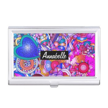 Colorful Hearts And Flowers Abstract Personalised Business Card Case by MissMatching at Zazzle