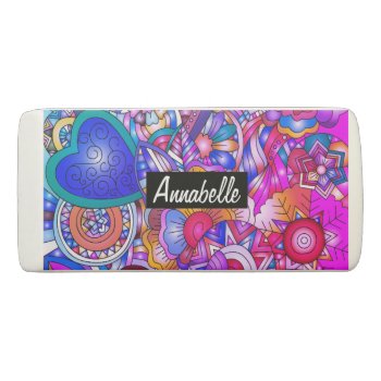 Colorful Hearts And Flowers Abstract Personalised Eraser by MissMatching at Zazzle