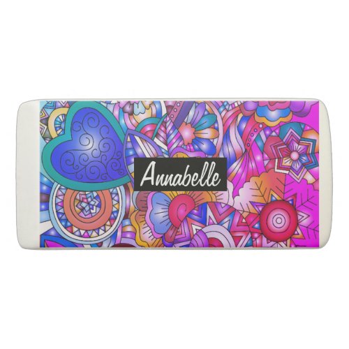 Colorful Hearts and Flowers Abstract Personalised Eraser