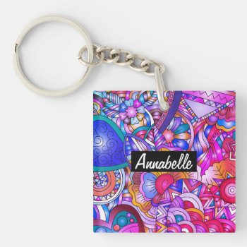 Colorful Hearts And Flowers Abstract Personalised Keychain by MissMatching at Zazzle