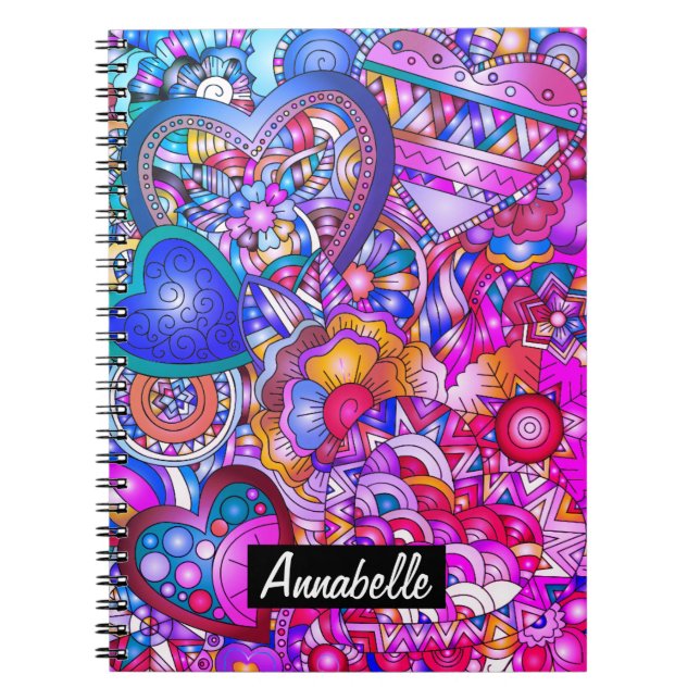 Colorful Hearts and Flowers Abstract Personalised Notebook (Front)