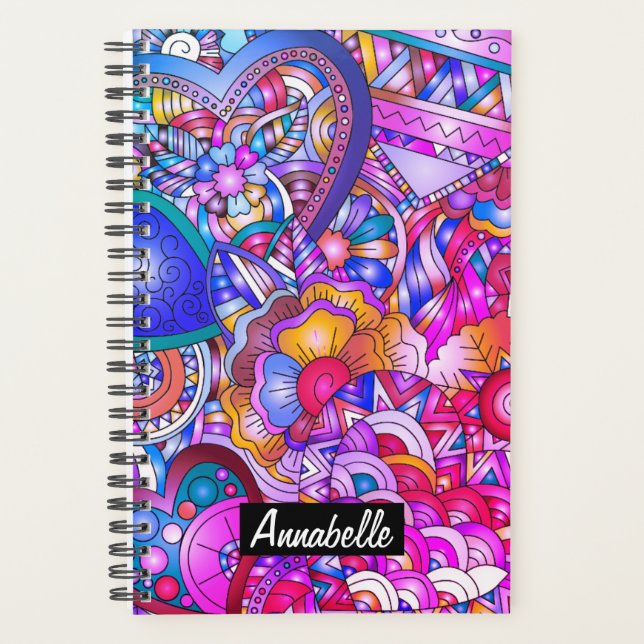 Colorful Hearts and Flowers Abstract Personalised Planner (Front)