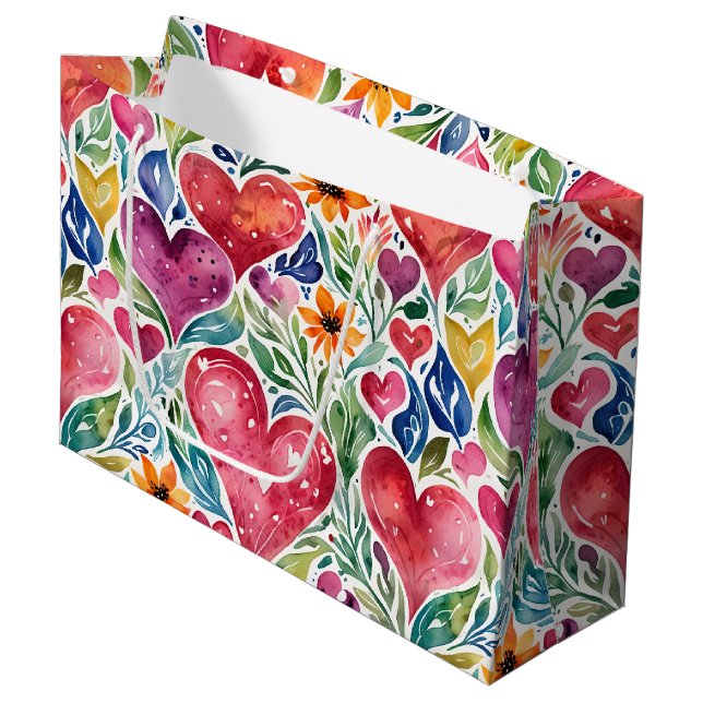 Colorful Hearts and Flowers  Large Gift Bag (Front Angled)