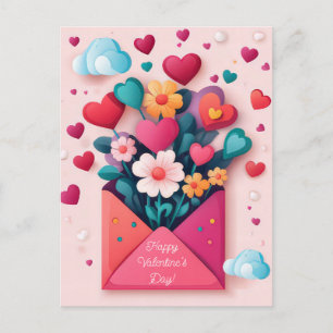 Colorful Hearts and Flowers Valentine's Greeting Postcard