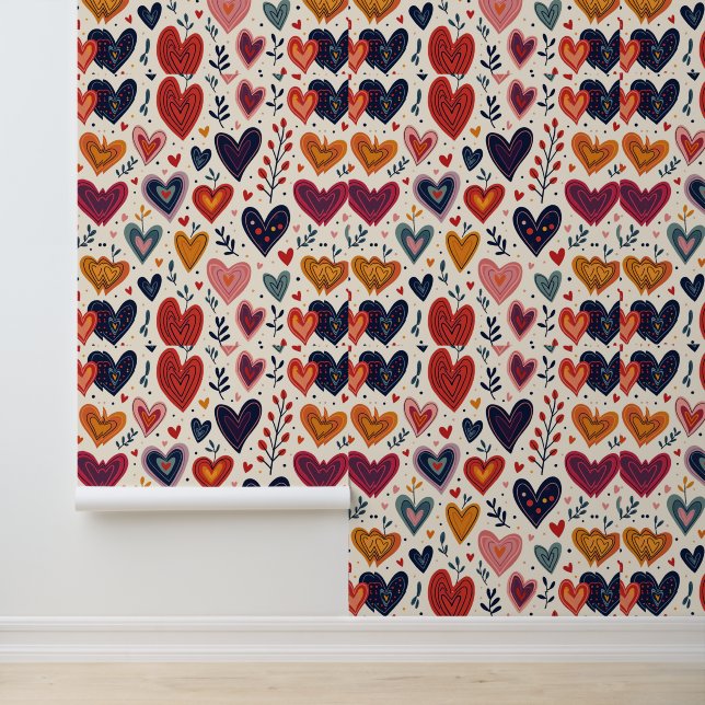 Colorful Hearts and Leaves Pattern Design Wallpaper (Application)