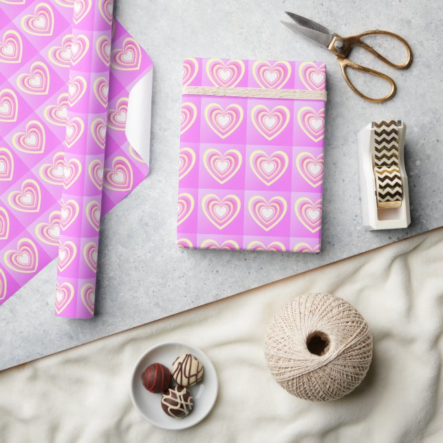 Colorful Hearts Art Pink & Yellow Elegant Birthday Wrapping Paper (Crafts)