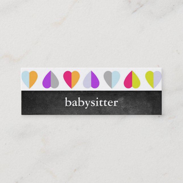 Colorful Hearts Babysitter Skinny Biz Cards (Front)