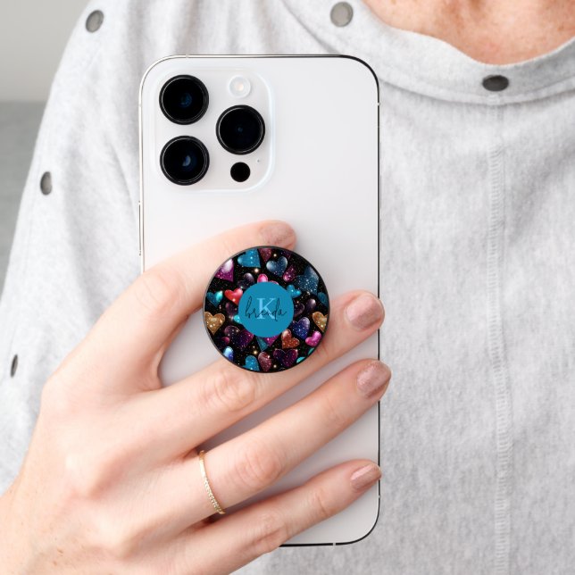 Colorful Hearts custom monograms PopSocket (Hand)