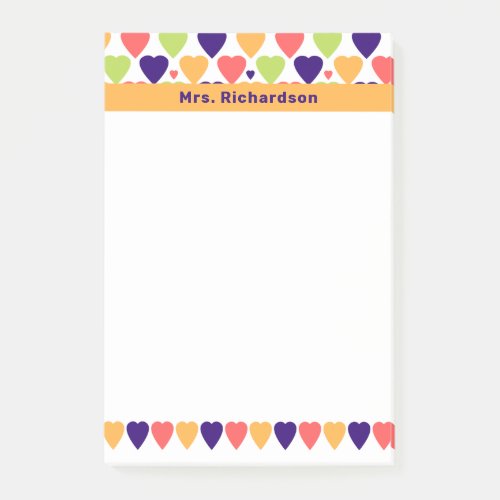 Colorful Hearts Cute Personalized Name School  Post_it Notes