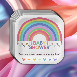 Colorful Hearts Meet Retro Rainbow Baby Shower Paper Plates