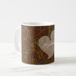 Colorful Hearts Net Pattern-Brown-Name Coffee Mug