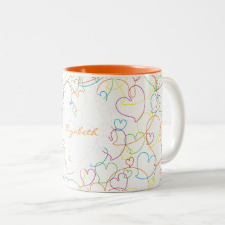 Colorful Hearts Net Pattern-White-Name Two-Tone Coffee Mug