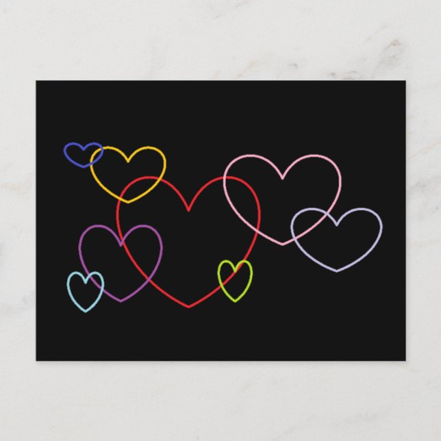 Colorful Hearts on Black Background Postcard (Front)