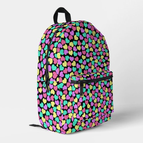 Colorful Hearts on Black Printed Backpack