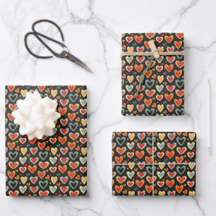Colorful Hearts on Black Wrapping Paper Sheets