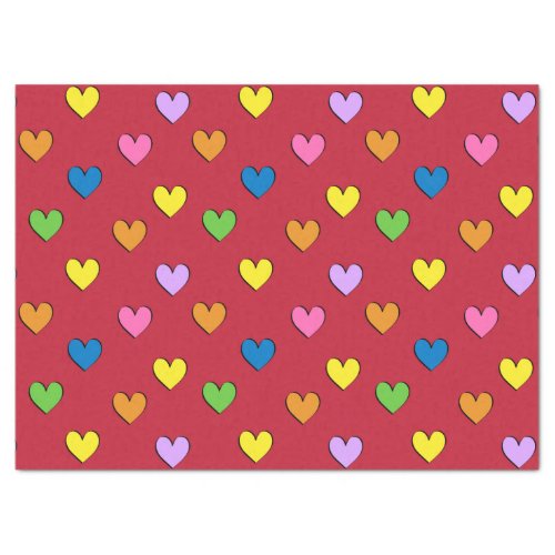 Colorful Hearts on Red Tissue Paper