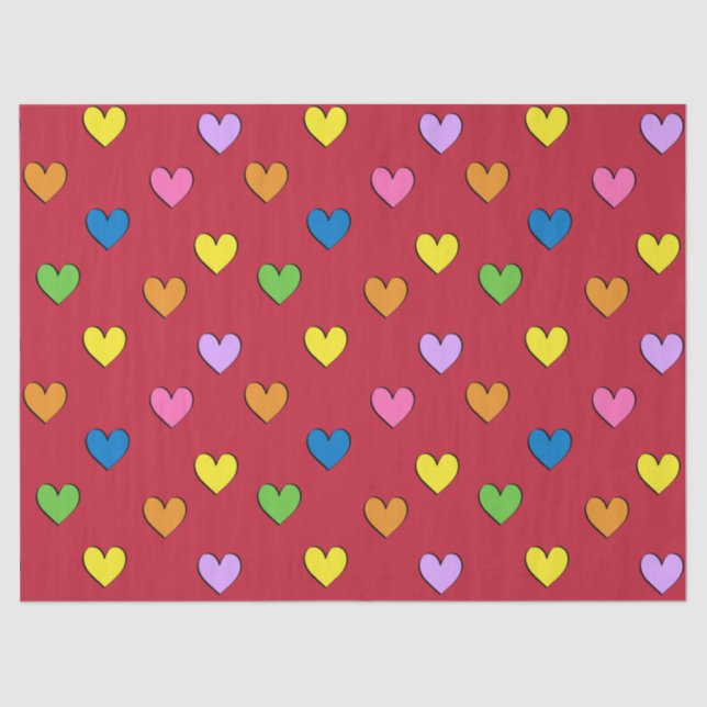 Colorful Hearts on Red Tissue Paper (Front)