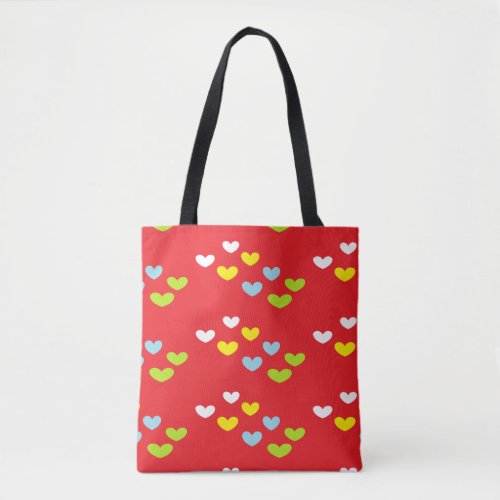 Colorful hearts on red tote bag