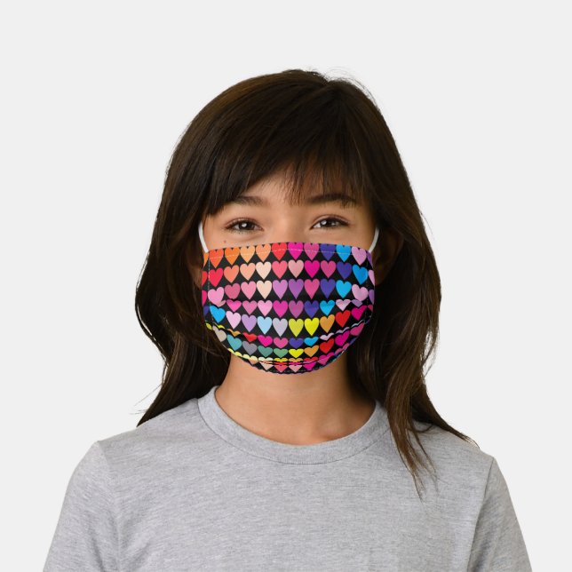 Colorful Hearts Pattern Black Kids' Cloth Face Mask (Worn)